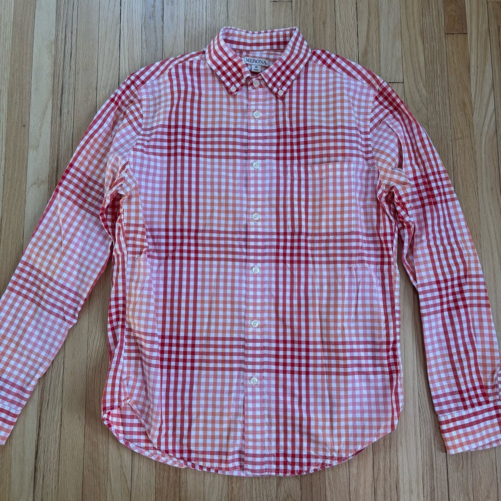 Merona Red Orange and White Plaid Button Down Shirt